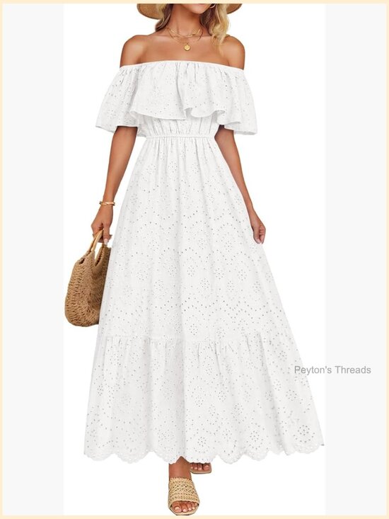 Dresses & Skirts - Off Shoulder Ruffle Midi Dress Short Sleeve High Waist Hollow Out Embroidery